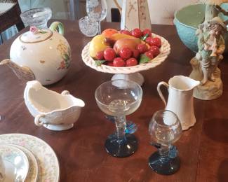 Italian Compote w/ Fruit; Set of Mexican Hand-blown Margarita Glasses