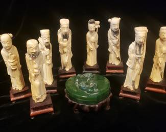 Eight Immortals, Antique Chinese Carved Bone Figures; small Spinach Jade Box on Stand - box SOLD