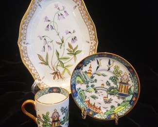 In back:  Gorgeous Floradanica Oval Platter; set of 8 Antique Demitasse Cups & Saucers retailed by Tiffany & Co., New York