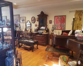 Other View of Living Room w/ Steinway O Grand Piano; Victorian Dresser w/ Mirror; Eastlake Vanity; Vintage Chinese Lacquer & Hardstone Coffee Table, etc.