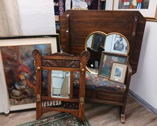 Antique mirror with hat and coat rack. Folding bench that turns into a table