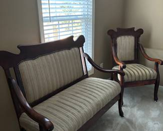 Beautiful Edwardian Love Seat, Rocker, 2 Arm Chairs and 2 side Chairs.  Rock arm needs attention.