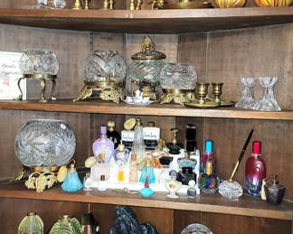 Candle holders, rose bowls and antique perfume bottles