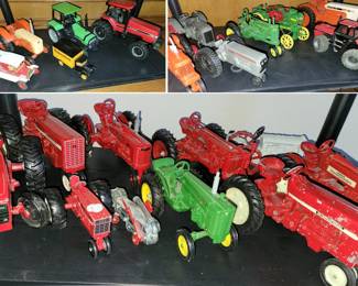 Metal Model Farm Vehicles: Tractors, Mowers, Trailers, Pushers and more. Many sizes from very small to larger. Farmall, John Deere, International Tractor, Case and more