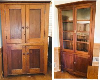 Tall antique wood cabinets, one corner cabinet.