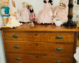 Antique short chest of drawers (SOLD). Madame Alexander Elise and more dolls