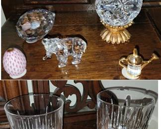 Crystal: Waterford Rocks Glasses and eggs, Swarovski figurines and Herend tiny egg