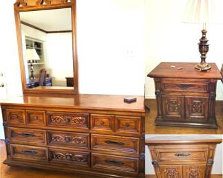 Retro dresser with mirror, chest of drawers and side table set