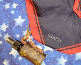 Gucci Scarf, Louis Vuitton spray holder
