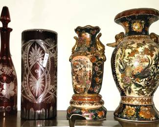 Cut to Clear Cranberry Glass decanter and vase. Royal Satsuma Oriental Urns