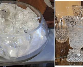 Mid-century punch (or serve) bowl, Cut glass vases