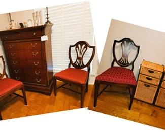 Set of 4 Harp-back Chairs. Beautiful gentleman's chest. 2 small wicker drawer sets