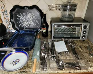 Toaster oven, flatware set, vintage tray and Visionware