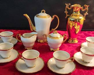 Royal Crown Demi Tasse Fine China Gold Rimmed Service For 6 Plus Pomeson Vase