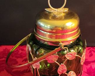 Gilded Green Glass Musical Cookie Jar