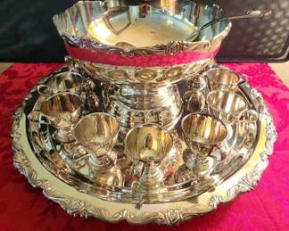 E.P Nikel Silver Rose Punch Bowl With Tray Ladle And 12 Cups