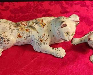 Round French Faience Porcelain Handpainted Cat Wallpocket Hanging Vases