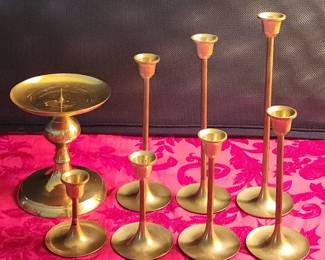 Solid Brass Set Of 7 Graduated Tapir Candle Holders And 1 Pillar Holder