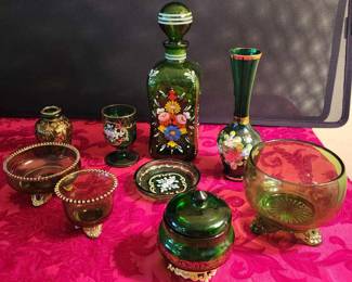 Bohemian Czech Hand Painted Green Gilded 4pc Colorado 1898 Glass W Gold Gilding Belgium Glass Jar