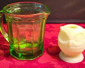 Uranium Glass Thick Small Water Pitcher and Fenton Uranium Owl