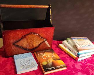 Lacquer Print Wood Magazine Rack And 5relion Based Books And A DVD