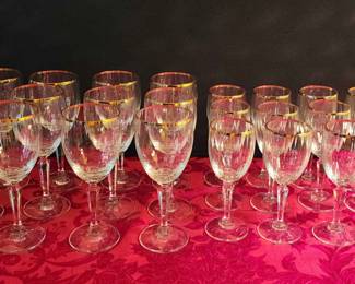 GORHAM GOLDEN SUNSET 23 PC. Gold Rimmed Crytal Wine Glasses