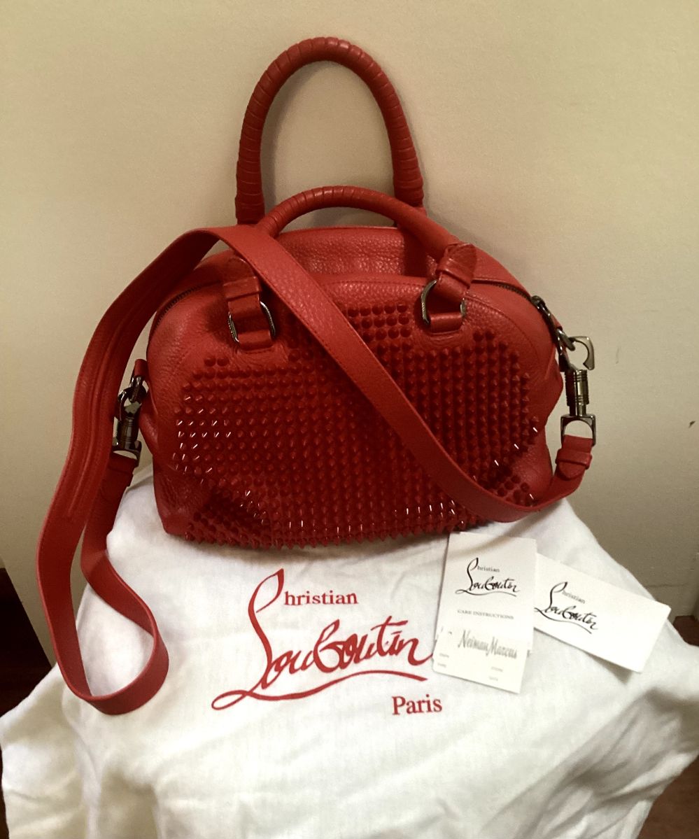 Christian Louboutin Red Leather Panettone Spiked Satchel;