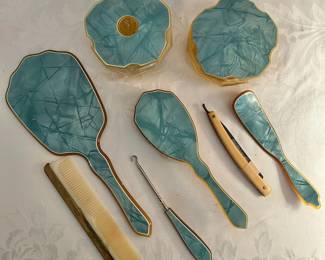 Vintage 30s40s Art Deco Blue Celluloid Bakelite Vanity Set