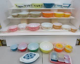 Pyrex nests of cinderella bowls Sunflower, Gooseberry, Blue Horizon, primary, Forest Fancie Mushroom and Golden Butterfly