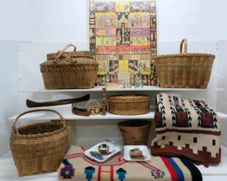 Native American Yei blankets, Ho Chunk baskets, inspired jewelry 