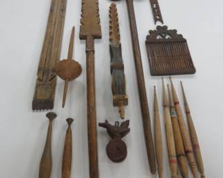 1800's weaving and spinning tools, band loom, spindles, distaffs, loom weight and temple