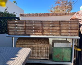 This is a fabulous apothecary/mechanists cabinet. Would be amazing for anyone who loves to do artwork!
Table is stainless steel on top and frame and galvanized metal on the bottom shelf