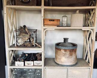Vintage Coastal Cerused Rattan Etagere. Fabulous shape!
