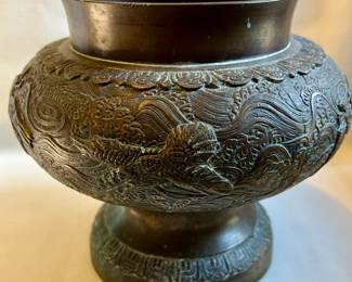 Chinese brass urn with embossed bird motif