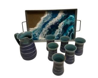 ROHU513 Klikitat Pottery Acrylic and metal 2-handled serving tray; Klikitat Pitcher and 6 mugs
