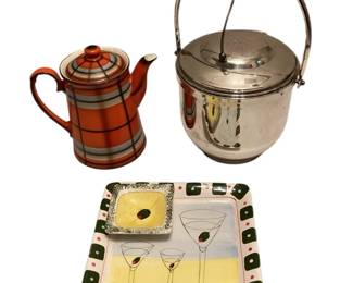 ROHU512 Martini Anyone Vintage MCM martini hors d'oeuvres platter; silver plated vintage Newport ice bucket; Czechoslovakian Erphila "Highlander" coffee pot (very rare)
