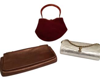 ROHU539 Very Special Collection Of Rare, Vintage Purses Worth New York, made in Italy, copper metallic leather clutch with top handle strap and brass toned fixtures (11"x5"x1.5");
