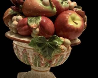 ROHU526 Fitz And Floyd Thanksgiving Fitz and Floyd mice pushing pumpkin carts - sugar and creamer; small flower basket 8.5"; Salt and pepper roosters/chickens by others; huge F&F fruit bowl with lid - 14" high x 10" across.
