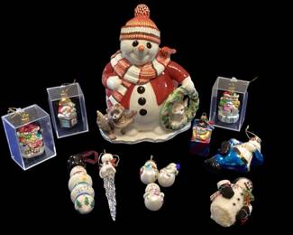 ROHU502 Snowmen Ornaments  Fitz and Floyd Snowman Cookie Jar; Snowman on an icicle and other glass ornaments in boxes - the perfect hostess gift.
