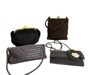 ROHU549 Collection Of Small Vintage Evening Bags Gray beaded Estée Lauder bag; unmarked black bag, embellished with gauze and diamanté flower; chocolate brown velvet with brass clasp
