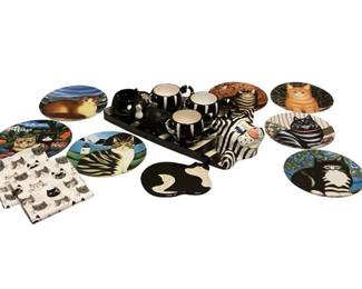 ROHU509 Teatime For Cat Lovers Papier-mâché tray with 4 black and white cat mugs, creamer, trivet and tea towels. Set includes 7 cat plates by Martin Lehman Dept 56 - Ashley, Bruno, Morris, Cat On Mat (discontinued)
