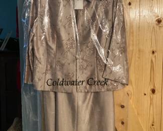 ROHU529 Coldwater Creek Formal Dress With Jacket Size 16 new with tags. Tan colored fabric with sequins on jacket. Includes small brown velvet coordinating vintage evening Guess purse
