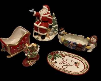 ROHU525 Fitz And Floyd And Lenox Christmas Items Fitz and Floyd joy plate, snowmen candy dish, gingerbread man stuffed stocking candle holder and sleigh.
