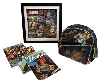ROHU541 Marvel Collection Marvel wall art 14"x14"; 3 comics (Superman, The Phantom Stranger, and Shadow) all from April 1974 in immaculate condition; Marvel Wolverine kids backpack - new.
