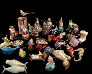 ROHU503 Assortment Of 55 Glass Ornaments Reindeer, bunnies, nutcrackers, dogs, birds, fish, walrus, whale, artist palette, pizza, cat and more than 20 additional items unphotographed in box. Some vintage, some handblown
