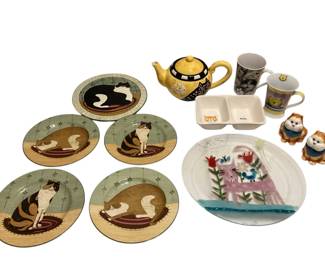 ROHU510 Teatime For Cat Lovers #2	Four Warren Kimble cat plates by Sakura Oneida; Laurel Burch Teapot; two cat mugs; one hand-painted cat trivet by Warren Kimble
