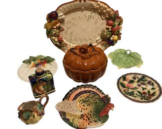 ROHU511 A Fitz ALarge (14x19) Fitz and Floyd serving platter; Temp-rations Pumpkin; three Fitz and Floyd serving plates, leaf bowl and creamer; Florentia storage jar handmade in Florence, Italy.
nd Floyd And Temptations Thanksgiving 
