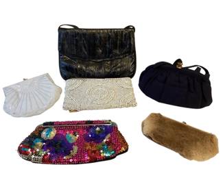 ROHU535 Jessica McClintock, Tommy Bahama, Eelskin And Kangaroo Fur Jessica McClintock multicolored sequined clutch; Tommy Bahama white beaded clutch; kangaroo fur coin purse; vintage navy blue fabric purse; vintage black eels skin
