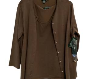 ROHU523 Ralph Lauren Twinset Chocolate brown 1X silk/rayon/spandex cardigan and sleeveless twinset with pearl buttons.
