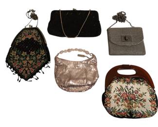 ROHU540 Vintage Evening Bags Black glass beaded vintage evening bag from Japan (small spot of missing beads - see photo); Regale small vintage tapestry bag with lucite handle; metallic gray beaded crossbody
